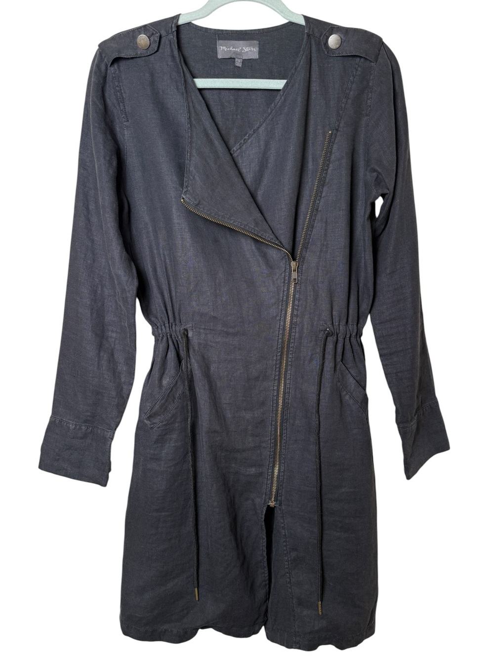 Michael Stars Small LINEN Charcoal Long-Sleeve Asymmetrical Zip Shirt Dress